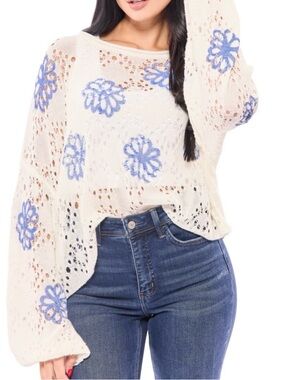 POL Blue Floral Eyelet Knit Sweater Cream Boho Balloon Sleeve M